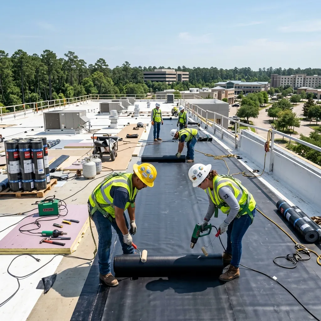 Commercial roofing crew installing a flat roof in The Woodlands, TX