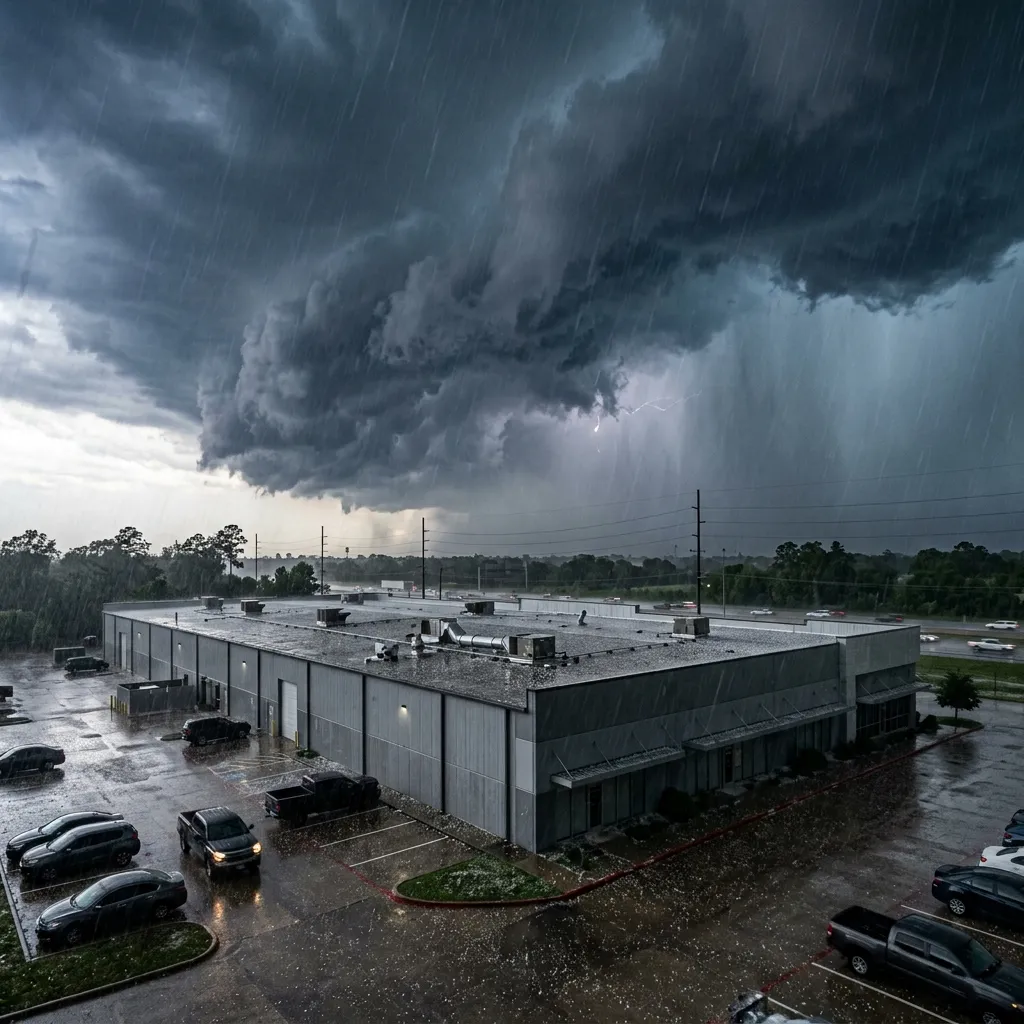Storm clouds over a commercial building in Cypress, TX