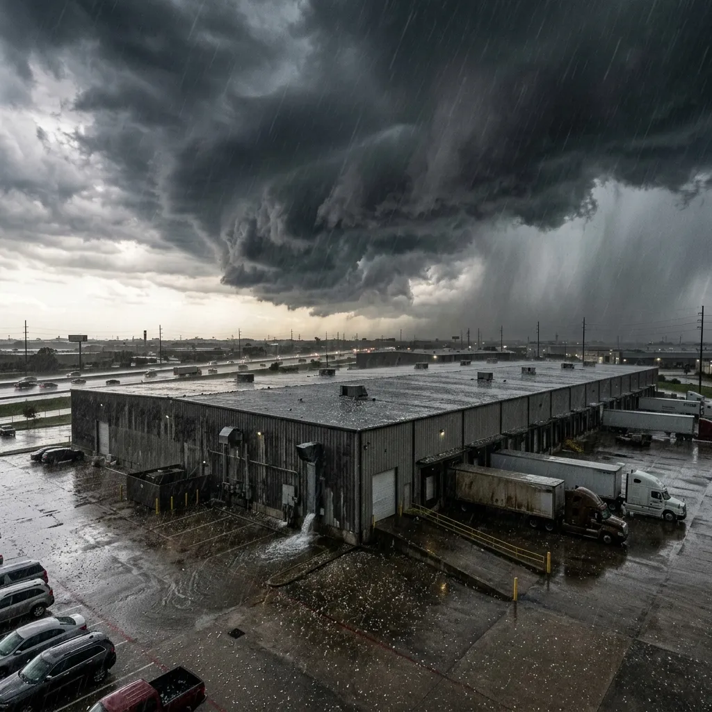 Storm clouds over a commercial building in Katy, TX