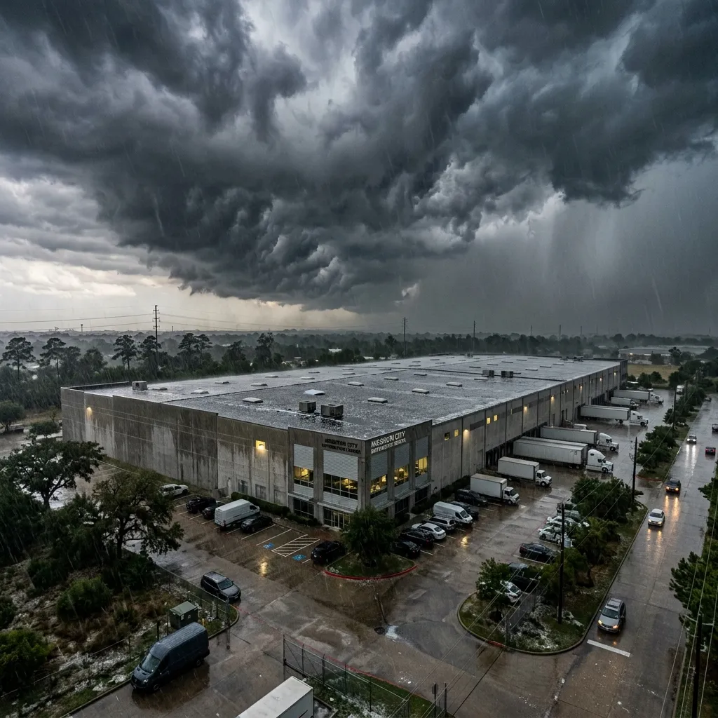 Storm clouds over a commercial building in Missouri City, TX