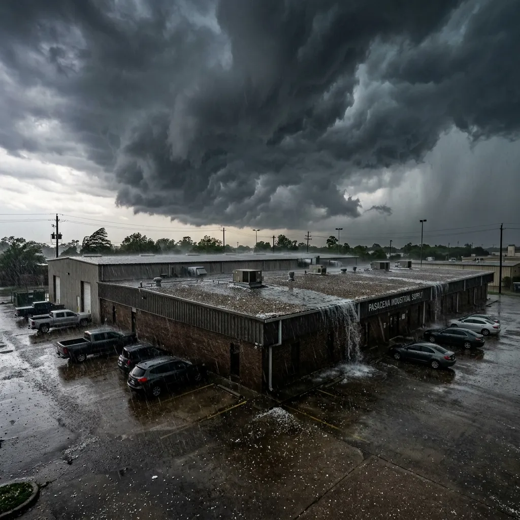 Storm clouds over a commercial building in Pasadena, TX
