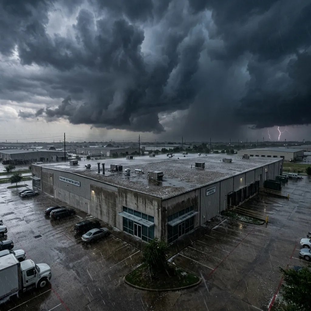 Storm clouds over a commercial building in Pearland, TX