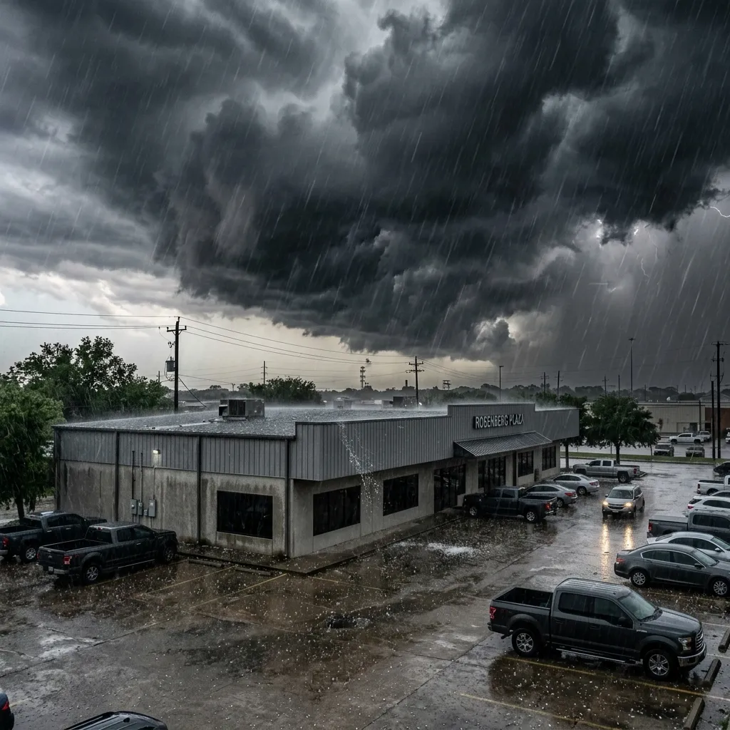 Storm clouds over a commercial building in Rosenberg, TX