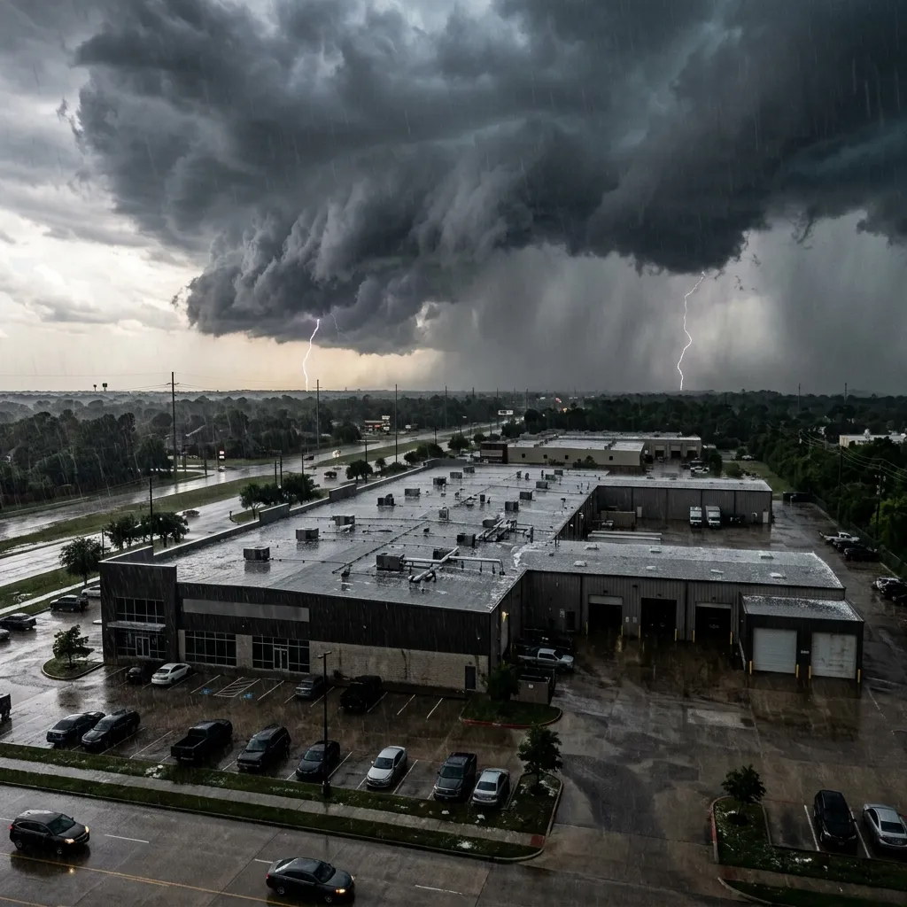 Storm clouds over a commercial building in Spring, TX
