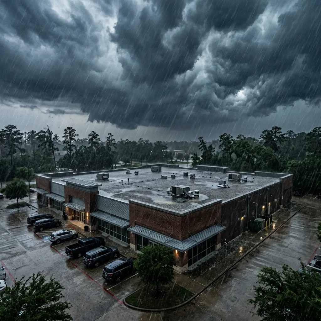 Storm clouds over a commercial building in The Woodlands, TX