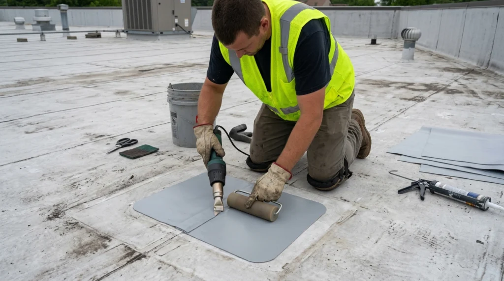 Repairing blister damage on a commercial roof membrane