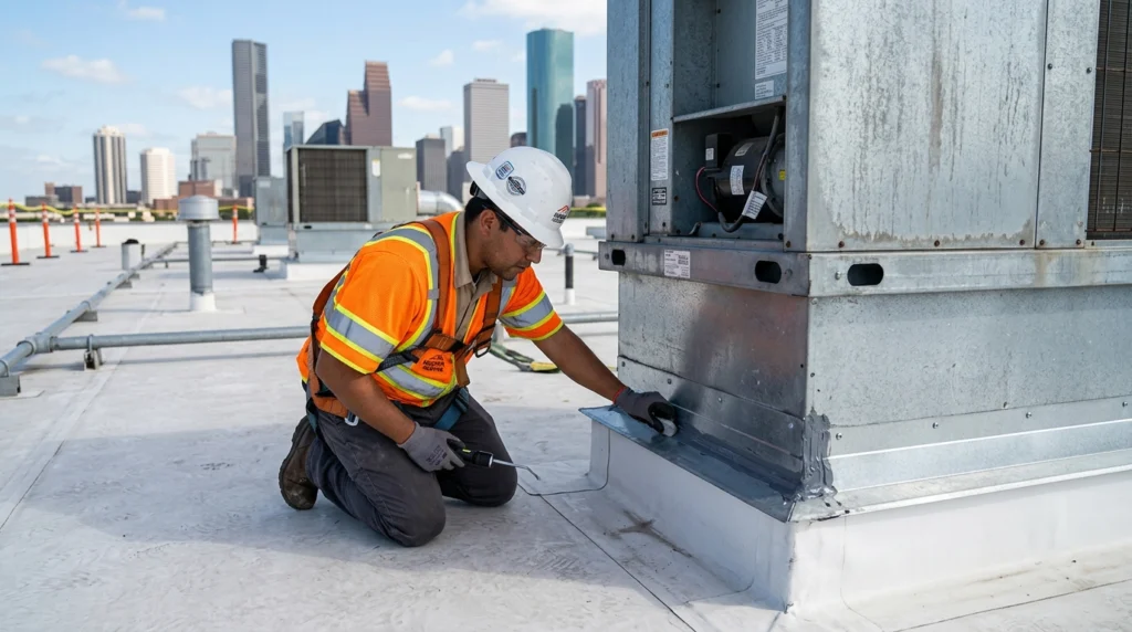 Commercial roof flashing inspection around HVAC curb