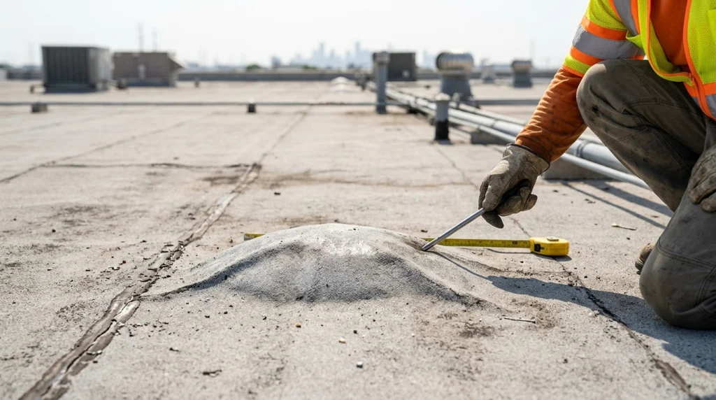 Commercial roofer inspecting a blistered roof membrane